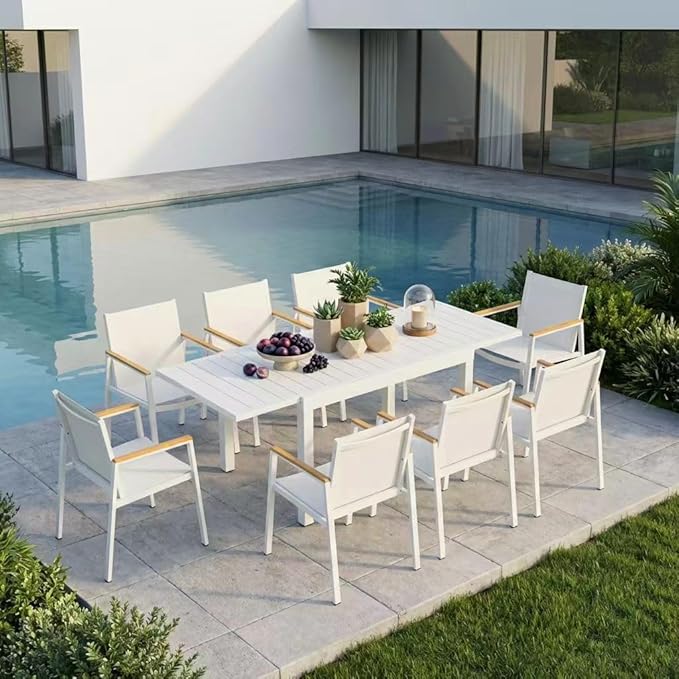 Outdoor Aluminum Patio Dining Table Set for 6-8 Person, Expandable Outdoor Table and 8 Chairs with Textilene Fabric & HDPS Armrest, All-Weather Patio Furniture Set for Yard, Garden, White Oasbira