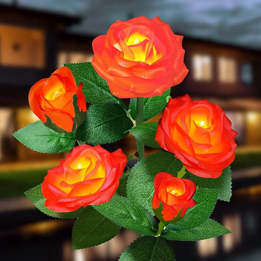 Solar Flower Lights Outdoor - Upgraded Two Modes Realistic LED Solar Powered Waterproof Roses, Decorative Stake for Garden (Orange, 1 Pack) LightYourLife