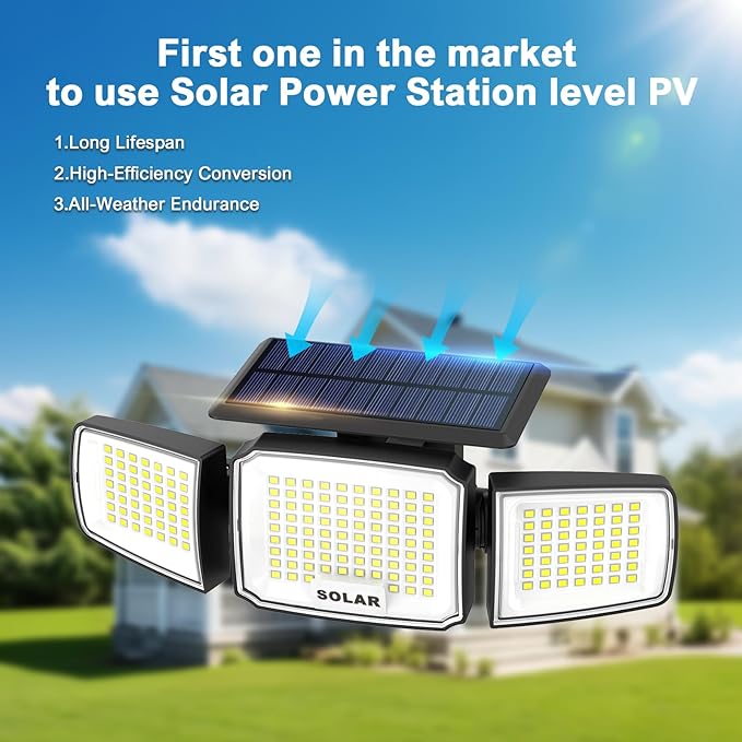 Solar Security Light Outdoor Super Bright LED, Motion Sensor Flood Light, 3 Heads 270° Wide Angle,Remote Control, IP65 Waterproof, 3 Modes (3 Packs) JEJOT