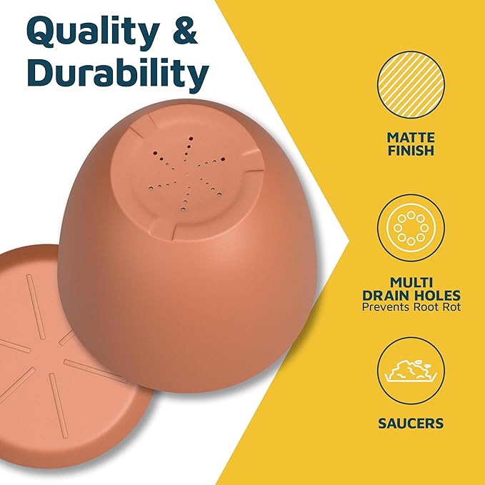 Terracotta Plant Pots with Drainage Holes & Saucers 5 Pack, Indoor & Outdoor Stackable Space-Saving Planters for Houseplants & Flowers, (7", 6.7", 6", 5.3", and 4.8" Inches), Durable & Weatherproof LIFEMASTER