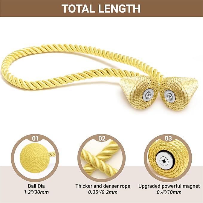 Hion Magnetic Curtain Tiebacks Golden 2pcs, Curtain Tiebacks Buckles Holdbacks Holders Hooks Clip for Home Bedroom Office Decorative Curtain Hion