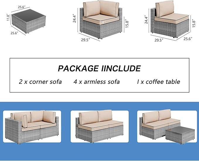 Shintenchi 7 Pieces Outdoor Patio Sectional Sofa Couch, Silver Gray PE Wicker Furniture Conversation Sets with Washable Cushions & Glass Coffee Table for Garden, Poolside, Backyard (Khaki) Shintenchi