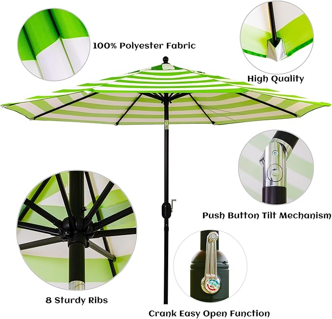 Sunnyglade 9' Patio Umbrella Outdoor Table Umbrella with 8 Sturdy Ribs (Grass Green and White) Sunnyglade