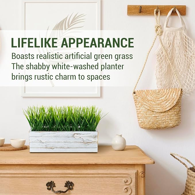 MyGift 14 Inch Artificial Green Grass Plant in Shabby White Washed Wood Planter Window Box - Faux Greenery in Rectangular Crate Style Wooden Container MyGiftHome