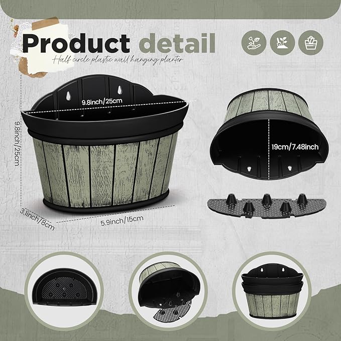 Layhit 6 Pcs Wall Hanging Planters Outdoor Pot Planter Wine Barrel Planter Distressed Oak Thickened Plastic Water Storage Flower Pots for Flower Indoor Outdoor(10 Inches,Grey Green, Brown, Black) ShungLan
