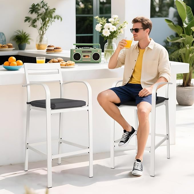 VINGLI Outdoor Bar Stools Set of 2, All-Weather Bar Height Aluminum Stools with 1.6" Thick Cushion, Rust-Proof Patio Chairs for Backyard, Poolside, Balcony & Kitchen Island (White) VINGLI