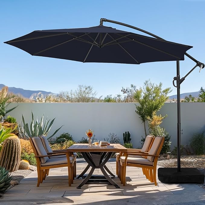 wikiwiki 10ft Patio Umbrella with Base Included, Outdoor Offset Cantilever Umbrella with Sandbag Base for Backyard, Garden and Pool, Easy to Tilt and Crank, Navy Blue WikiwikiPatioUmbrellas
