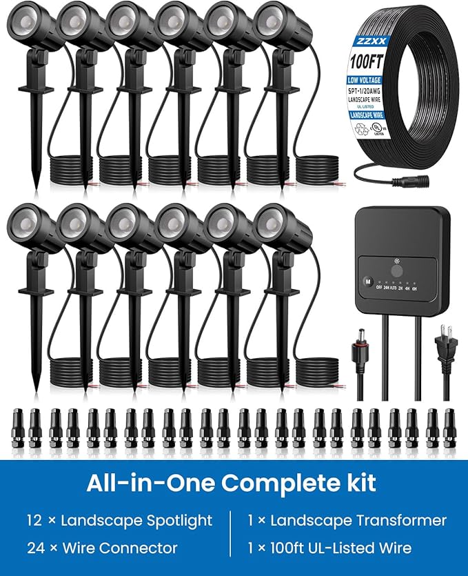 ZZXX All-in-One Low Voltage Landscape Lighting Kit, 12-Pack LED Landscape Lights with Transformer 100FT Wire and Connectors, 2700K Waterproof Landscape Spot Lights for Garden Yard House Tree ZZXX