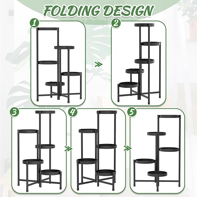 iDavosic.ly Plant Stand with Garden Tools, 5 Tier Corner Metal Flower Display Holder Shelf Indoor Outdoor, Easy Assembly Folding Tall Orchid Rack for Patio Balcony Porch Living Room House, Black iDavosicly