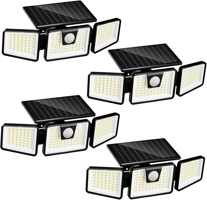 INCX Solar Motion Sensor Lights Outdoor, 3 Heads Security Lights Solar Powered, 156 LED Flood Light Motion Detected Spotlight for Patio Yard Garage Entryways, IP65 Waterproof 4 Pack INCX