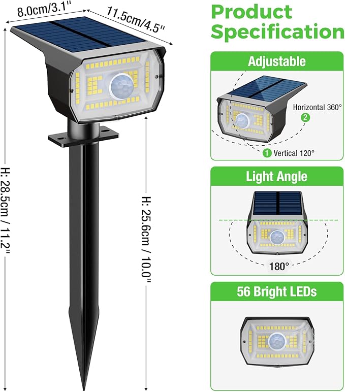 nipify Solar Lights Outdoor Waterproof, Motion Sensor Spot Lights- 4 Pack/56 LED/3 Modes Solar Powered Spotlights 2-in-1 Auto On/Off Landscape Lighting for Outside Yard Wall Garden, Cool White Nipify