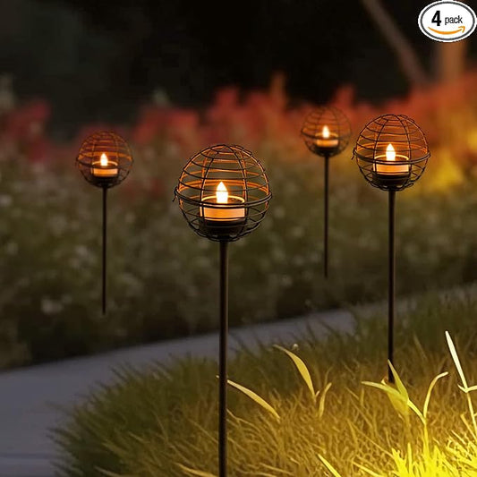Solar Pathway Lights Outdoor, Rust Iron Ball Candle Holder Stake with Flickering Solar Powered Tea Lights, Perfect Decorative Garden Lighting for Yard Lawn Patio Landscape Decor Outside-4Pack TWINKVILLA
