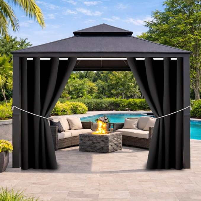 Water Proof Outside Curtains with Grommet Top for Porch, W52 x L132 Thermal Insulated Washable Light Block Outdoor Divider Drapes for Patio Gazebo Deck Pool Area Pergola Cabana (Black) DivaenCamino