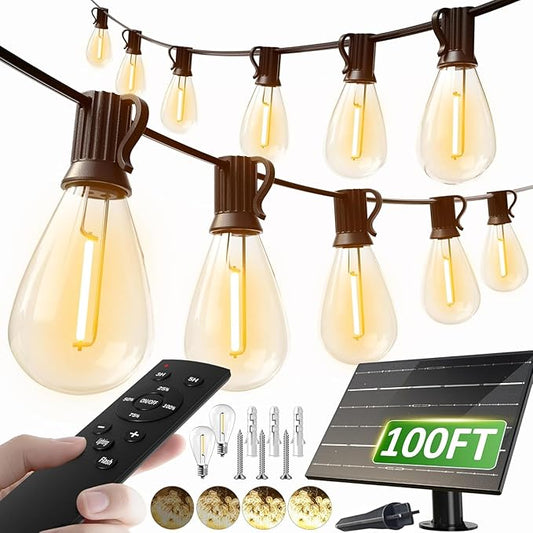 luckystyle 100FT Solar String Lights Outdoor Waterproof 2200K with Remote & USB Charging, 36+2 LED Shatterproof Bulbs, Dimmable & Timable, 3 Light Modes, Long Last for Garden,Patio, Backyard, Camping luckystyle