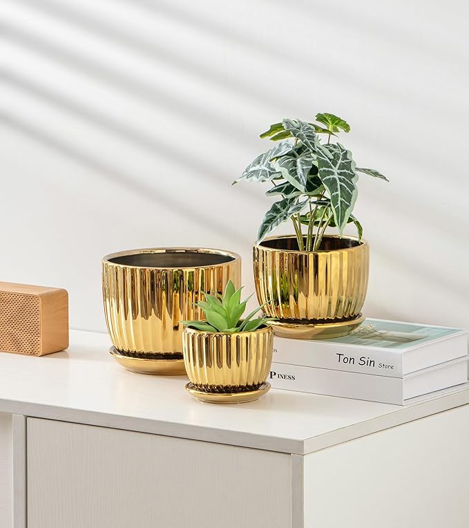 Ton Sin Gold Plant Pots,4.1+5.1+6.5 Inch Ceramic Succulent Planters Set of 3 Mini Indoor Flower Pot with Drainage,Handmade Decorative Ceramic Orchid and Herb Pots(Gold) TonSin