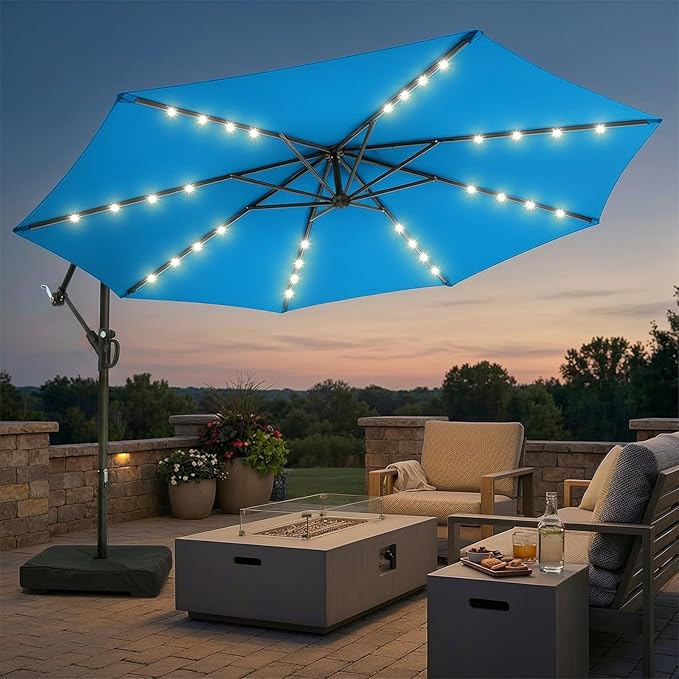 wikiwiki 10ft Solar LED Patio Umbrella with Base Included, Offset Umbrella with Sandbag Base, Cantilever Patio Umbrellas for Backyard, Garden & Deck, 32 LED Lights & Polyester Shade, Royal Blue WikiwikiPatioUmbrellas
