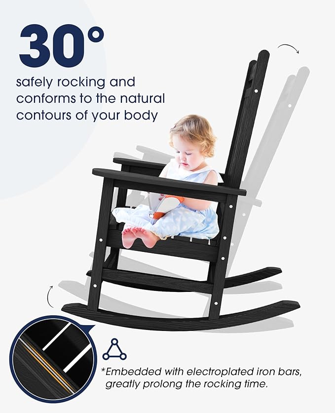 KINGYES Oversized Outdoor Rocking Chair, All-Weather Patio Rocking Chairs for Porch, HDPE Outdoor Patio Rockers with High Back & Wide Seat for Garden, Lawn, Black KINGYES