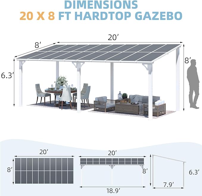 AECOJOY 20' x 8' White Outdoor Gazebo for Patio, Large Wall-Mounted Hard Top 8x20 Lean to Metal Gazebo Shelter Pergolas and Gazebos Clearance with Patio Roof, Heavy Duty Awnings for Patio, Decks AECOJOY