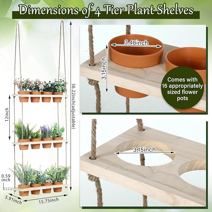 3 Tiered Hanging Herb Planters Hanging Herb Garden Wall with 12 Pcs Nursery Pot Wood Vertical Window Plant Shelf with Holes and Rope Plastic Flower Pots Spring Garden Indoor Kitchen FillTouch