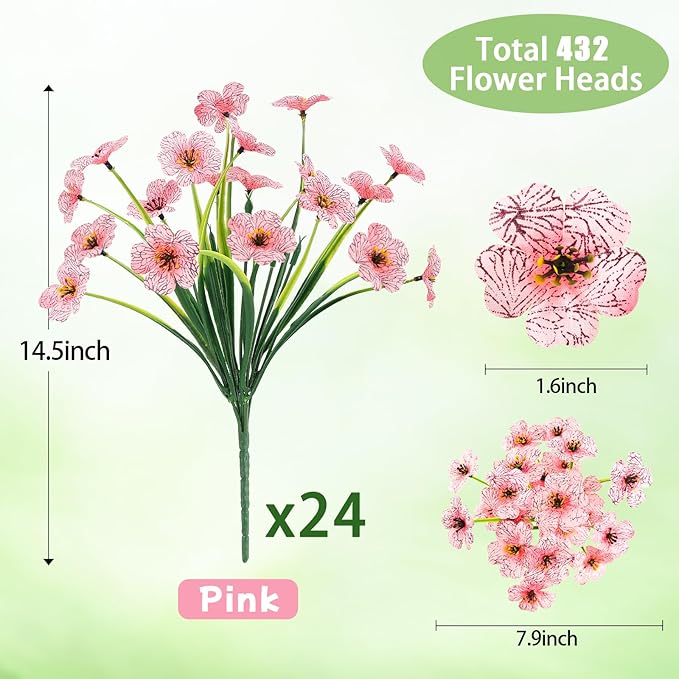 MACTING 24 Bundles Artificial Flowers for Outdoors Fake Flowers UV Resistant Faux Plastic Plants No Fade for Planters Window Box Patio Porch Garden Home Indoor Outdoor Spring Decorations,Pink MACTING