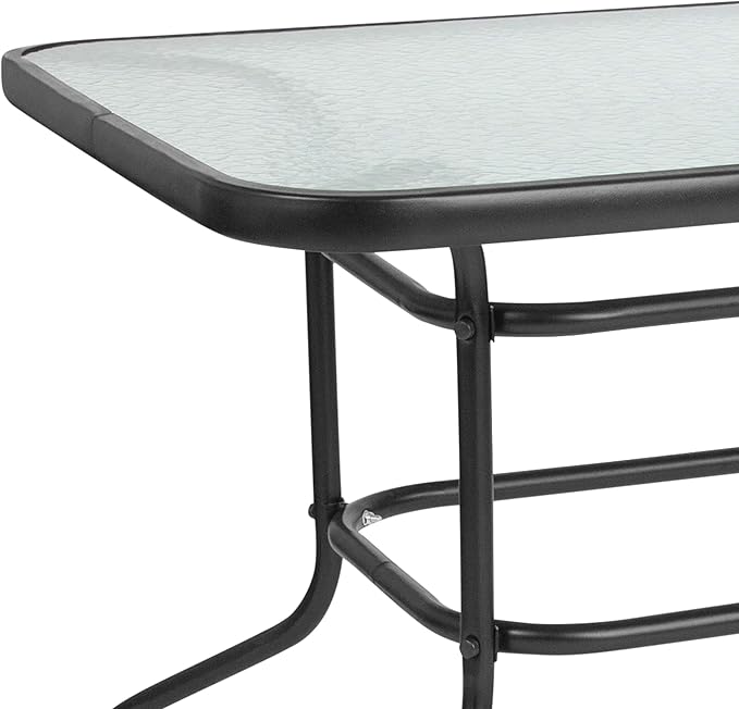 Flash Furniture Tory 31.5" x 55" Rectangular Tempered Glass Metal Patio Table with Umbrella Hole, Modern Rippled Glass Outdoor Dining Table, Black FlashFurniture