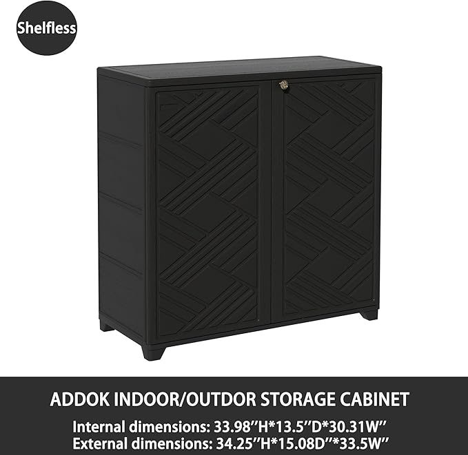 ADDOK Indoor Outdoor Plastic Storage Cabinet 34"x15"x34", Outdoor Storage Shed for Living Room, Hallway, Balcony, Garage, Garden, Backyard-Black（W/O Shelf） ADDOK