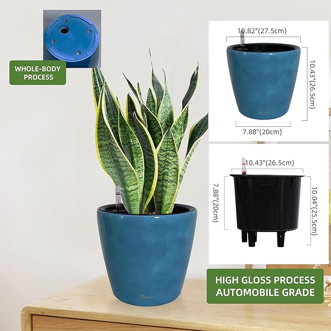 Dexceder 11x10 Inches Self Watering Planter Indoor Outdoor, Inner Pot Design, Thickened Table Flower Plant Pot with Water Level Indicator (Peacock Blue Gradient) Dexceder