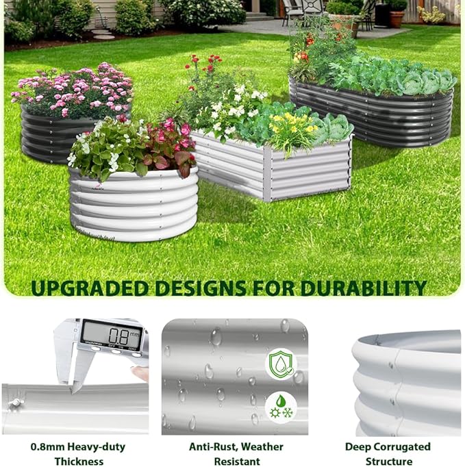 A ANLEOLIFE 2-Set 8X4X2 ft Galvanized Raised Garden Bed Kit, Oval Metal Deep Root Planters for Outdoor Plants, Antique White AAnleolife