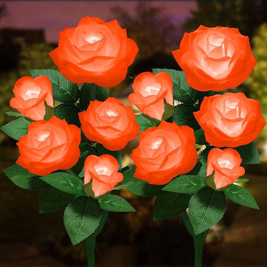 Solar Flower Lights Outdoor - Upgraded New Material Two Modes Realistic LED Solar Powered Waterproof Lights with 5 Roses, Solar Decorative Stake Lights for Garden (Orange, 2 Pack) LightYourLife