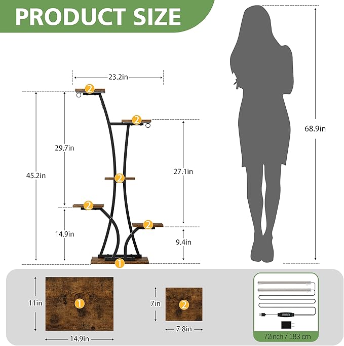 Plant Stand with Grow Light for Indoor Plants, 6 Tiered Metal Plant Shelf, 45" Indoor Plant Rack with 7 Shelves and 2 Hooks, Modern Corner Plant Holder for Living Room Balcony Bedroom, Black Rootora