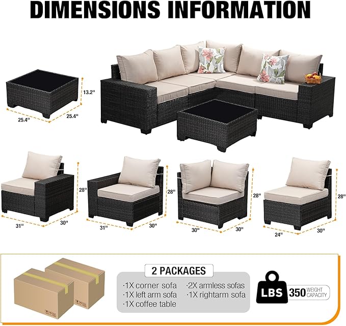 6 Pieces Patio Furniture Set All-Weather Outdoor Wicker Sectional Conversation Sofa Rattan Patio Seating Sofa with Cushion and Glass Table for Porch Poolside,Beige JOYURE