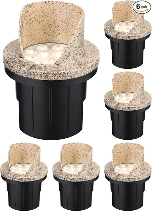 LEONLITE Dia. 4 Inch Well Lights Landscape LED In Ground, Shielded Top, 3000K Warm White, 12-24V AC/DC CRI90 Low Voltage Garden Landscaping, Rock Color Aluminum Housing, Pack of 6 LEONLITE