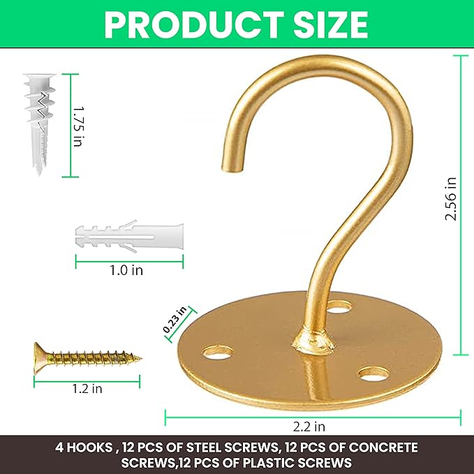 Ceiling Hooks for Hanging Plants- 4pcs 2.56 inches Heavy Duty Powder Coated, Gold Hanging Hooks for Bird Feeders, Planters and Wind Chimes Etoolia