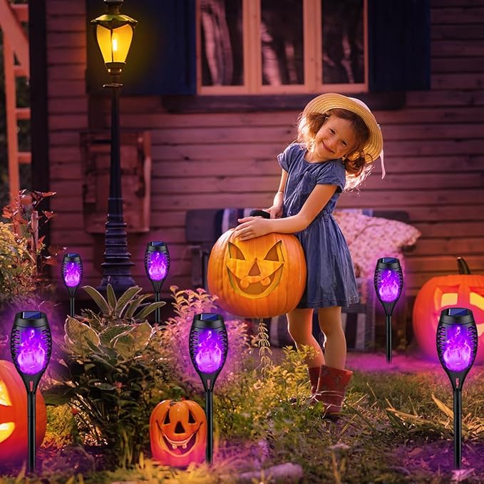8Pack Halloween Decorations Outdoor, Halloween Solar Lights with Purple Flame for Yard Decor, Waterproof Solar Garden Lights for Outside Decor, LED Flame Torches for Pathway Yard Decorations Outdoor Kurifier