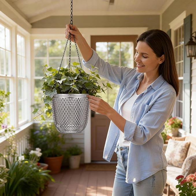 QCQHDU Self Watering Hanging Pots, 2 Pack 5.7 Inch Hanging Planters for Plants Indoor, Outdoor Flower Pots with Drainage Holes and 3 Hooks Chains for Garden Home (Gray) QCQHDU