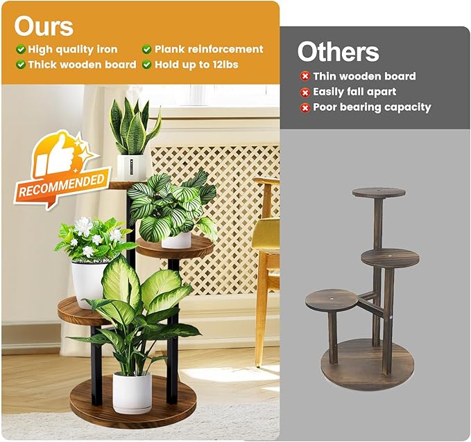 GEEBOBO 3 Tier Plant Stand Indoor, Metal Wood Plant Stands For Indoor Plants Multiple, Corner Tiered Flower Plants Shelf Stand for Living Room Bedroom, Brown GEEBOBO
