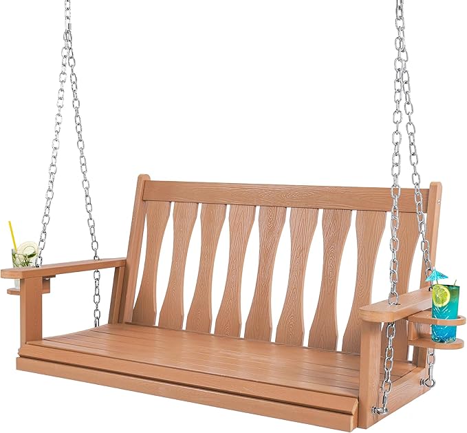 HIPS All-Weather Outdoor Hanging Porch Swing,2 Seat Hanging Swing Bench with Cup Holders,Patio Swing Chair with Hanging Chains for Courtyard & Garden CONGFUTT