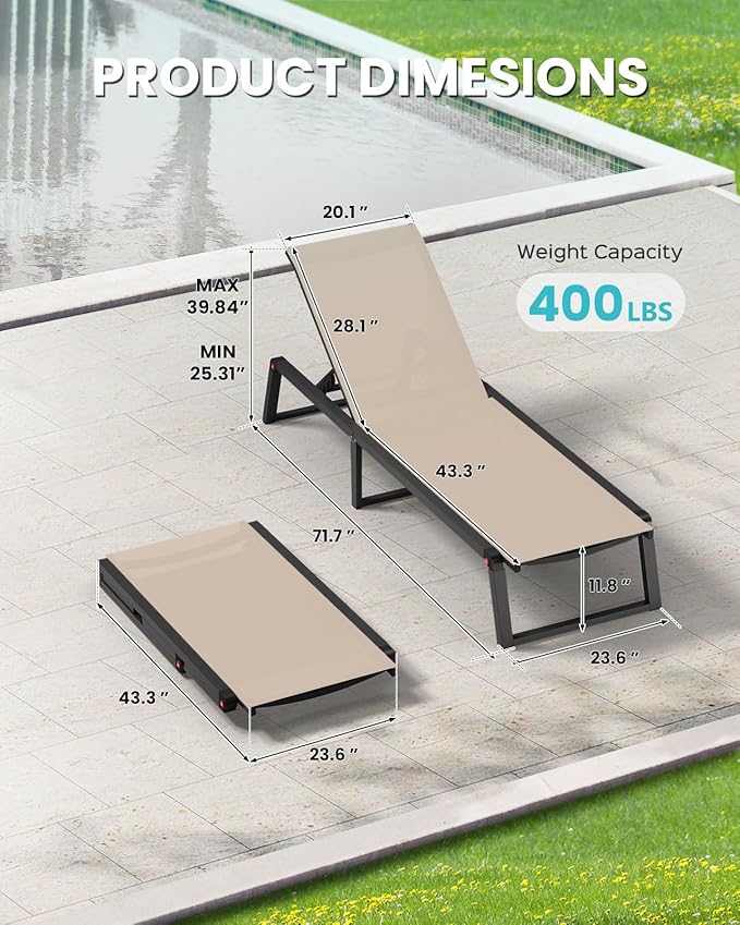 Aluminum Chaise Lounge Outdoor Set of 2, Foldable & No Assembly Patio Pool Lounge Chairs 5-Position Recliner for Outside Poolside, Fully Grounded Legs Sun Lounger for Pool, Beach, Yard, Khaki Oasbira