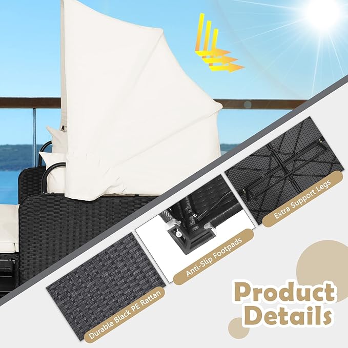 Tangkula Patio Rattan Daybed with Retractable Canopy, Outdoor Wicker Sunbed Lounger with 2 Foldable Side Tables, Thick Seat & Back Cushions, Double Daybed for Garden, Backyard, Porch (Off White) TANGKULA