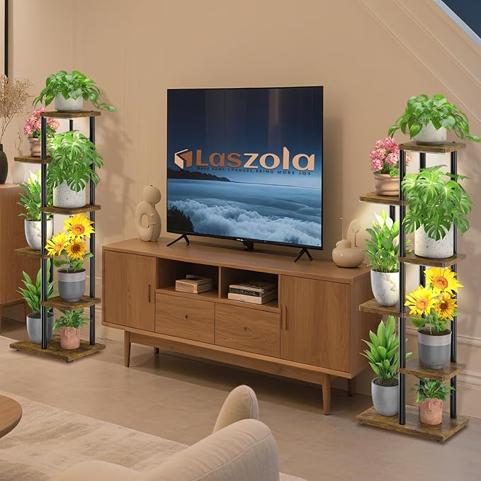 LASZOLA Black 5 Tier Wood Tall Plant Stand Indoor with Grow Lights, Large Heavy Duty Vertical Corner Rack for Multiple Planter, Sturdy Metal Rustic High Flower Shelf Holder Organizer for House Patio LASZOLA
