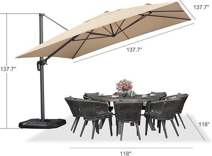PURPLE LEAF 11.5' X 11.5' Telescopic Patio Umbrella with Base Included Lifting Cantilever Offset Square Large Umbrella for Pool Outdoor Patio Deck Garden Beige PURPLELEAF