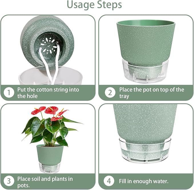 2024 Upgraded 5 Pack 6-Inch Self-Watering Planter Pots with Deep Reservoir for Indoor and Outdoor Plants with Planting Tools (Frosted White) HYNZ