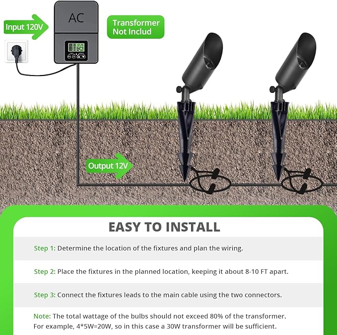 wowlite Landscape Spotlights Outdoor, 12V Low Voltage Landscape Lighting Fixture with 5W MR16 LED Bulb, 2700K Warm White Waterproof Black Aluminum Directional Uplight for Garden Courtyard Pathway wowlite
