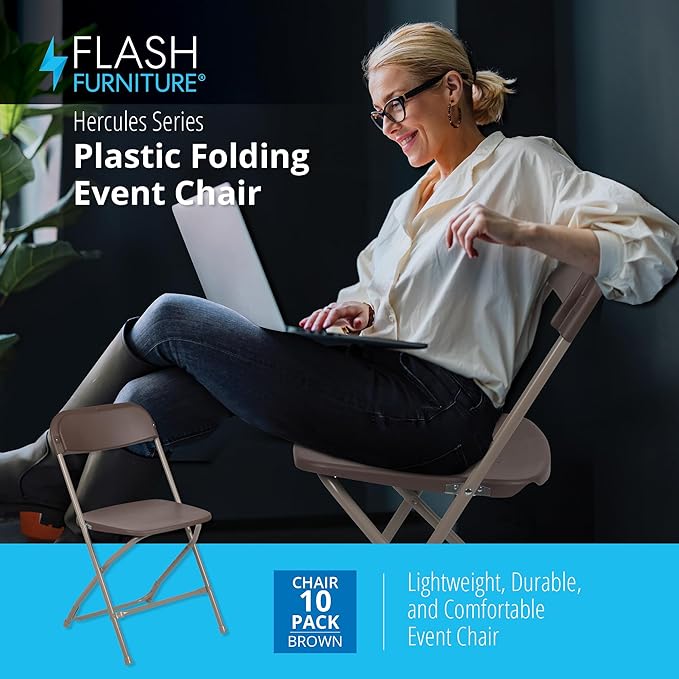 Flash Furniture Hercules Series Plastic Folding Chair Brown - 10 Pack 650LB Weight Capacity Comfortable Event Chair-Lightweight Folding Chair FlashFurniture
