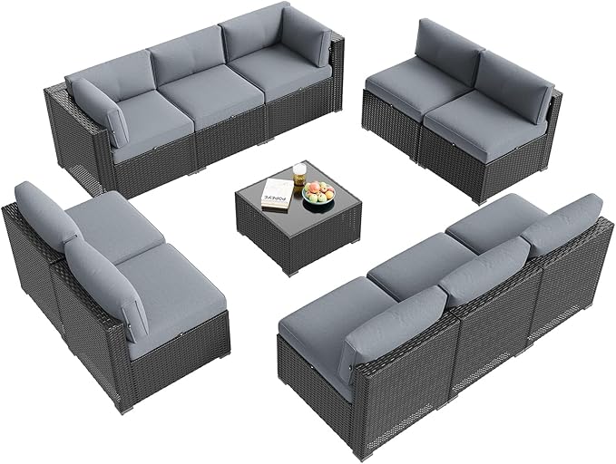 Aoxun Patio Furniture Set, 11 Piece Outdoor Sectional Sofas with Waterproof Cover, 10 Seats Wicker Rattan Outdoor Furniture Patio Conversation Set for Backyard, Garden Light Grey Aoxun