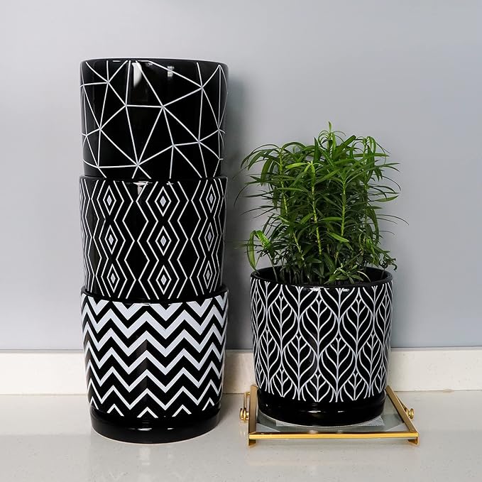 Ton Sin Flower Pots,5.5 Inch Black Ceramic Planter with Drainage Hole,Indoor Cylinder Plant Pots with Saucer,Cactus Succulent Outdoor Garden Pots Set of 4 TonSin