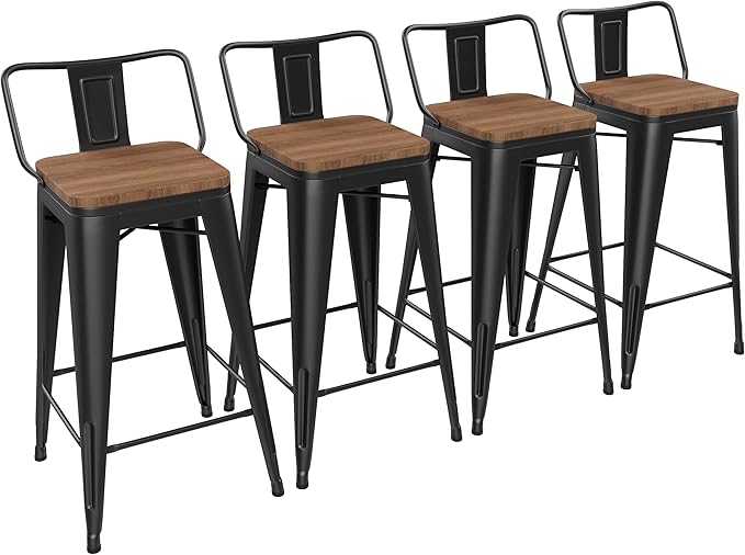 Yongchuang 26" Metal Bar Stools Set of 4 Counter Height Barstools with Wood Top Low Back Matte Black YongchuangInternational