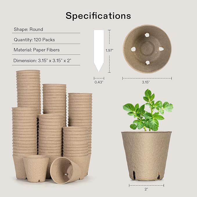VIVOSUN Peat Pots, 120 Packs 3.15-Inch Seed Starting Pots with Drainage Holes, Round Nursery Pot, 20 Plant Labels for Flowers, Plants, Vegetables, 120Pcs VIVOSUN
