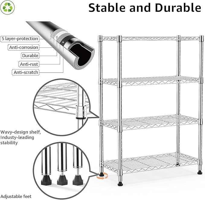 Xcity Storage Shelves, 4 Tier Heavy Duty Metal Shelving Unit, 1600 LBS Capacity Adjustable Steel Wire Shelf Organizer for Pantry, Kitchen, Garage, 14" D x 36" W x 54" H, Chrome Rootora
