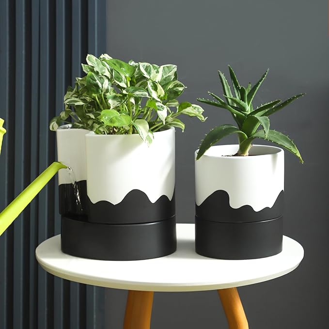 Nihow Self Watering Plant Pot: 8 Inch Ceramic Planter with Drainage Hole & Water Storage Plus for Indoor & Outdoor Plants - Cylinder Round Flower Pot for Succulent/Herbs/Violets - White & Wave Black Nihow